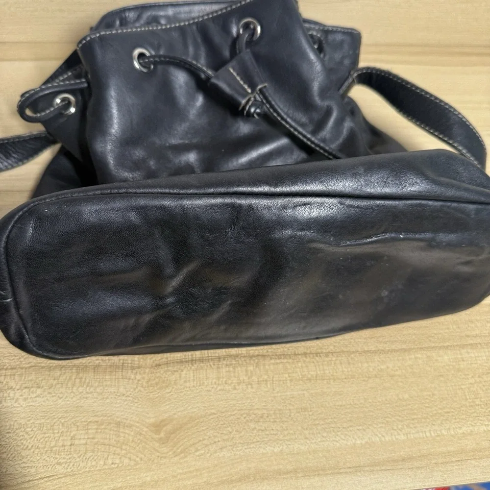 Ralph Lauren Leather Drawstring Bucket Shoulder Bag Hobo Black‎